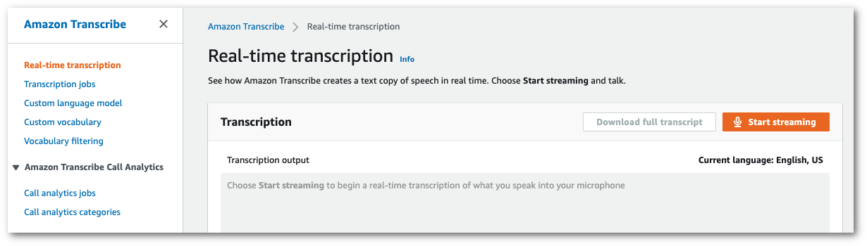 Amazon Transcribe capture d'écran de la console : la page « transcription en temps réel ».