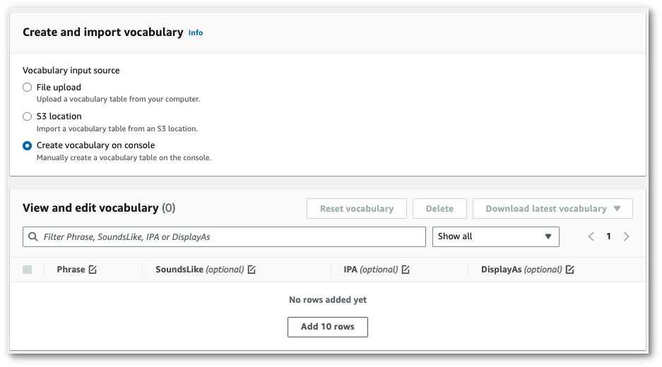Amazon Transcribe capture d'écran de la console : la page « créer et importer du vocabulaire ».