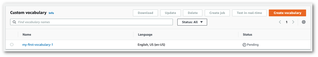 Amazon Transcribe capture d'écran de la console : vocabulaire personnalisé en attente pendant le traitement.