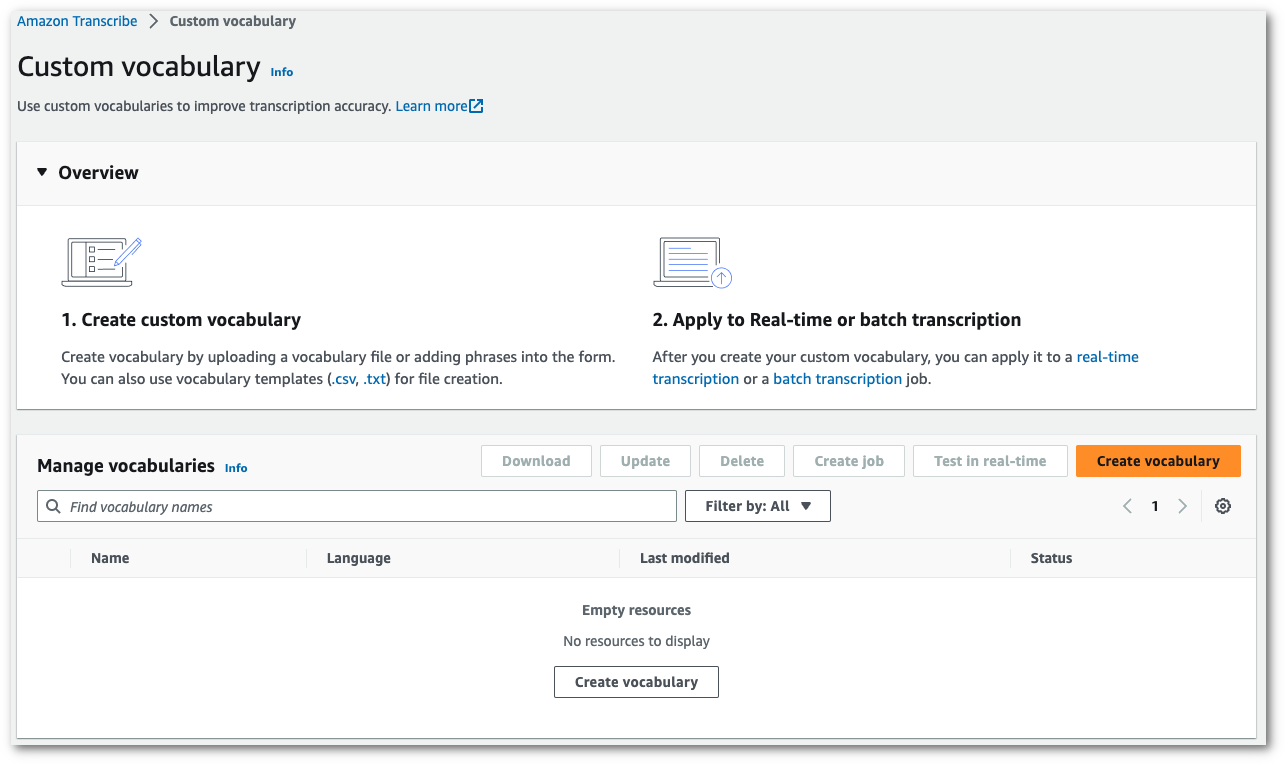 Amazon Transcribe capture d'écran de la console : la page « vocabulaire personnalisé ».