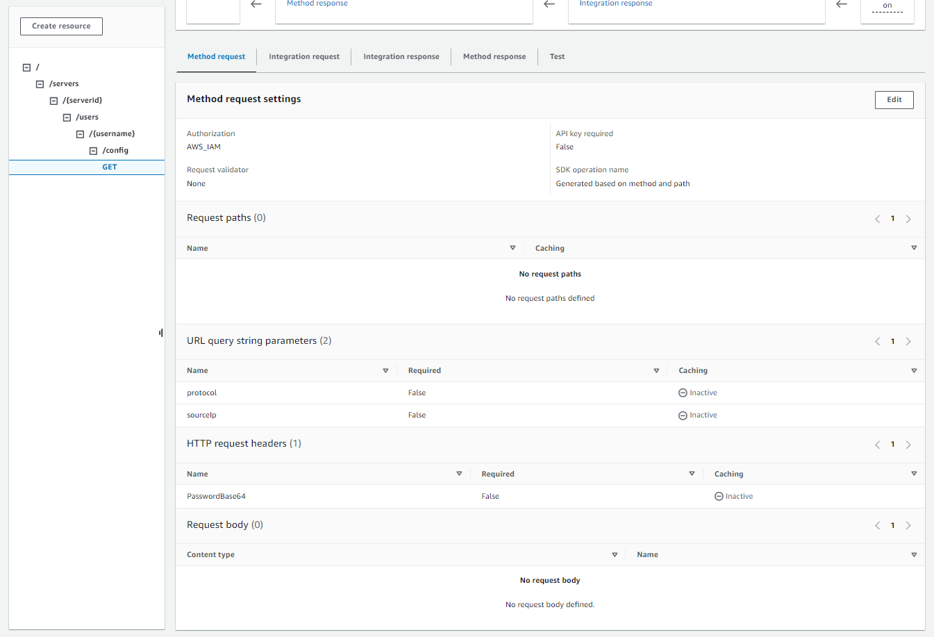 APIdétails de configuration, indiquant les paramètres de configuration de la méthode pour les chemins de demande et pour la chaîne de URL requête.