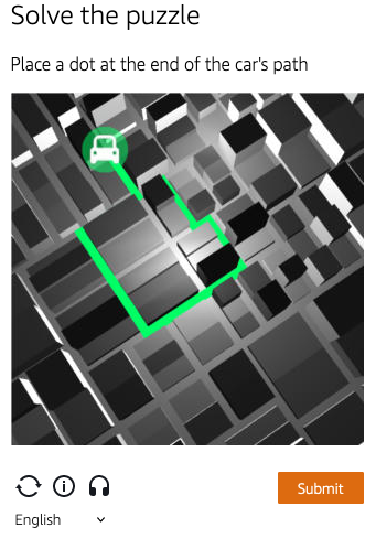 Un écran contient le titre « Résolvez le puzzle » et le texte « Placez un point au bout de la trajectoire de la voiture ». Sous le texte se trouve une image semblable à un labyrinthe en noir et blanc avec une voiture et la trajectoire de la voiture tracée en vert. Au bas de l'écran se trouvent les mêmes options que celles du puzzle en grille, ainsi que le bouton « Soumettre ».