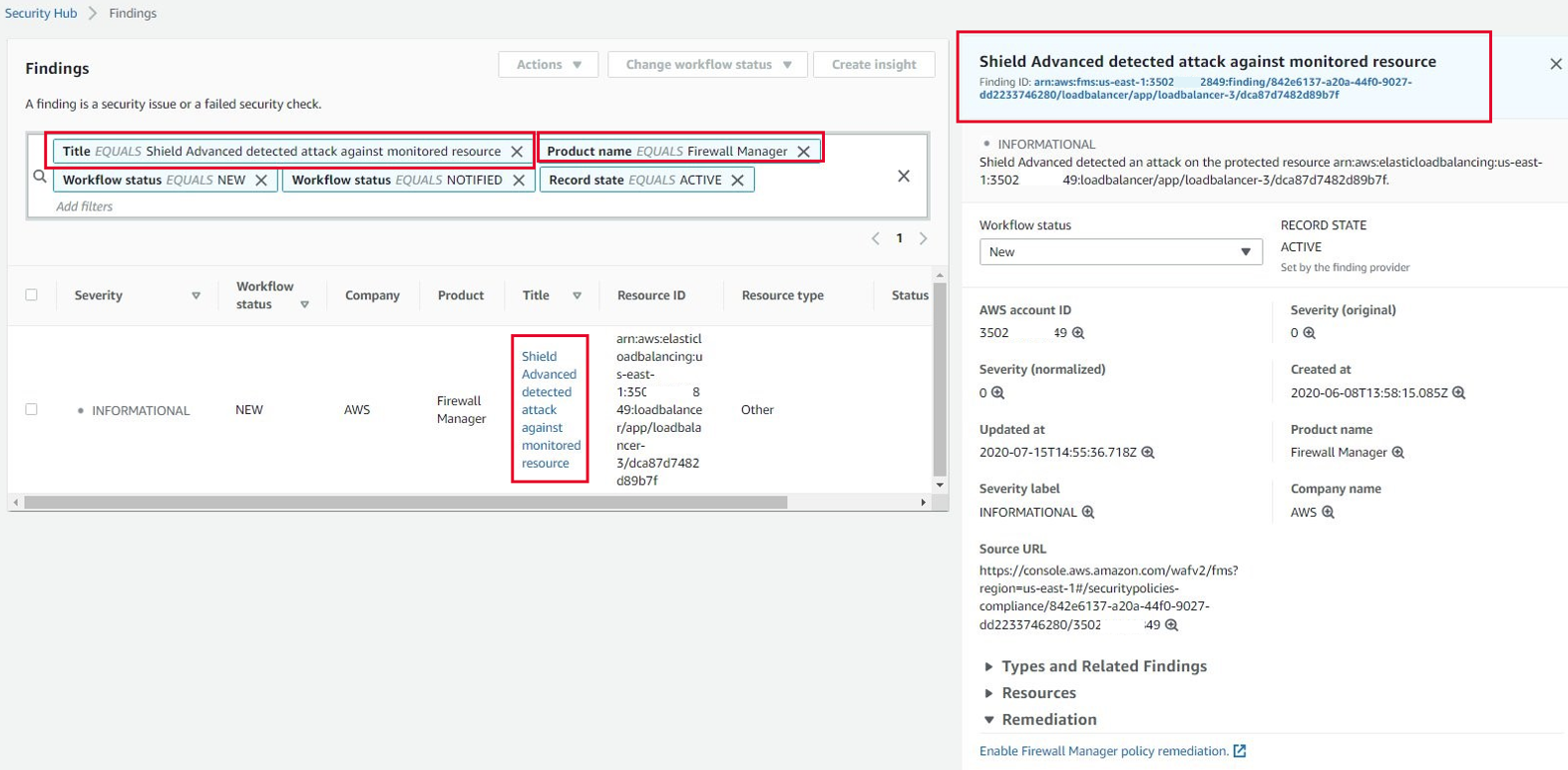 La capture d'écran montre la page des résultats de la console Security Hub, sous-titrée A finding is a security issue or a failed security check. . La section comporte des lignes rouges surlignant les chaînes : Titre EQUALS Shield Advanced a détecté une attaque contre une ressource surveillée et nom du produit EQUAL Firewall Manager. L'écran affiche un ensemble de détails sur l'attaque spécifique et son statut.