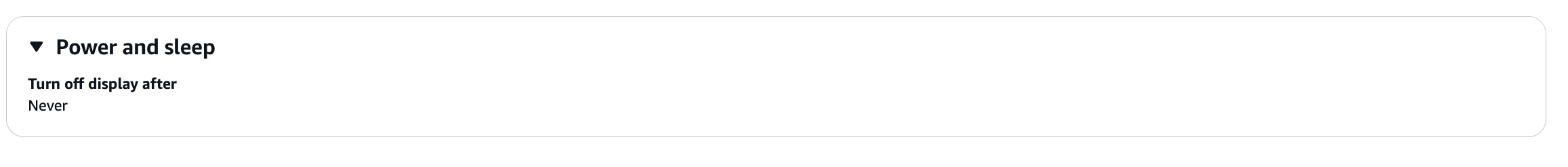 Power and sleep settings menu showing "Turn off display after" option set to "Never".