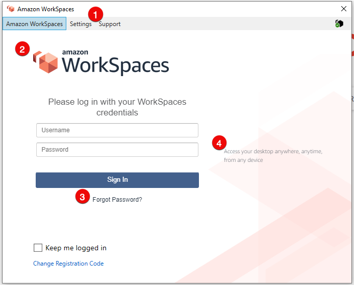 WorkSpaces écran de connexion du client