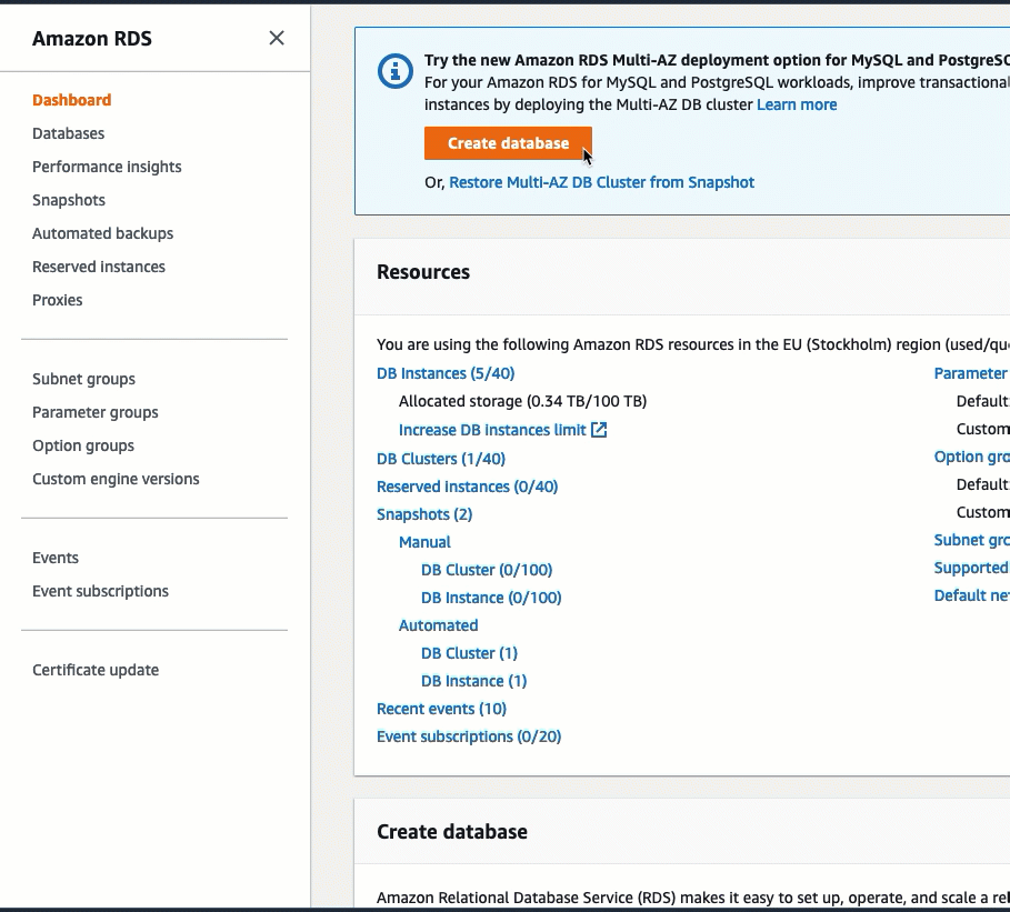 Animasi ini menunjukkan cara membuat database RDS, dan kemudian menggunakan fungsionalitas koneksi otomatis untuk menghubungkannya ke sebuah EC2 instance. Untuk versi teks dari animasi ini, lihat langkah-langkah dalam prosedur sebelumnya.