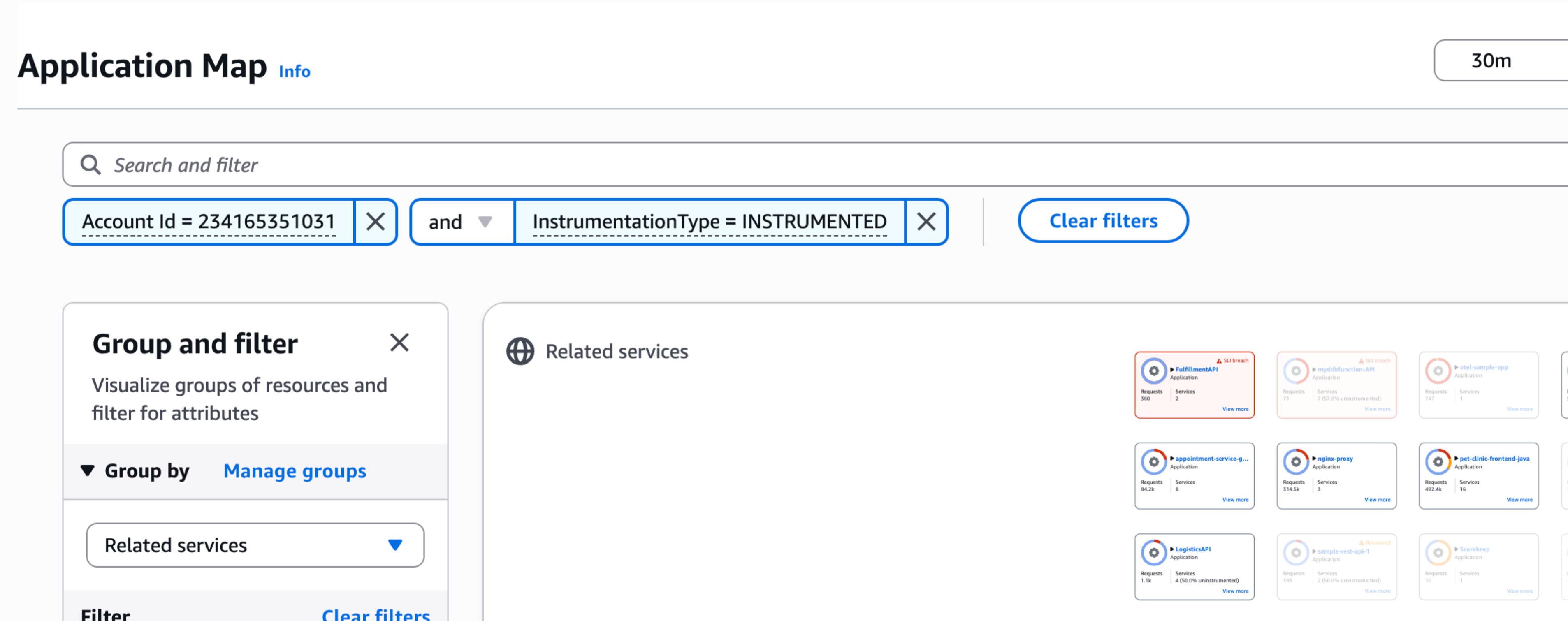 Filter layanan berdasarkan akun di dasbor aplikasi
