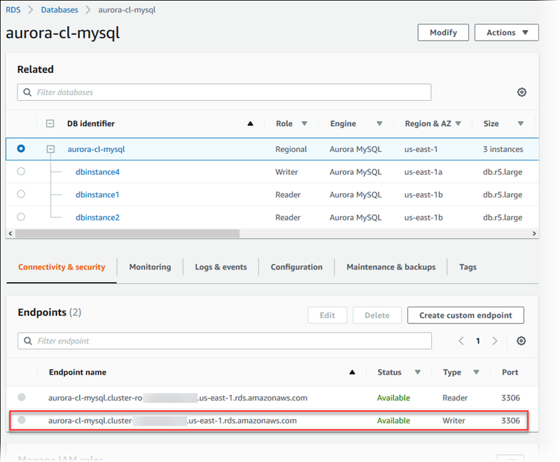Aurora MySQL writer endpoint detail panel menampilkan alamat koneksi untuk konektivitas database.