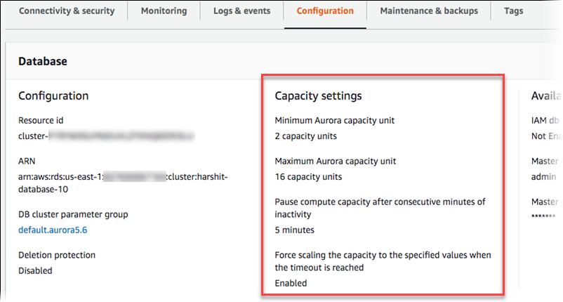 Melihat Aurora Serverless v1 pengaturan kapasitas klaster DB