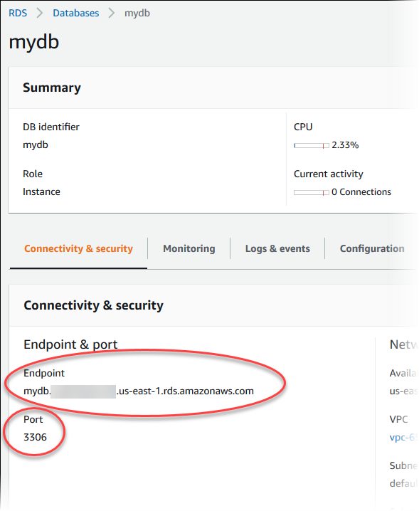 Titik akhir dan port instans DB di RDS konsol Amazon.