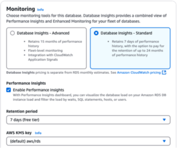 Aktifkan Performance Insights selama instans DB atau pembuatan klaster DB multi-AZ dengan konsol