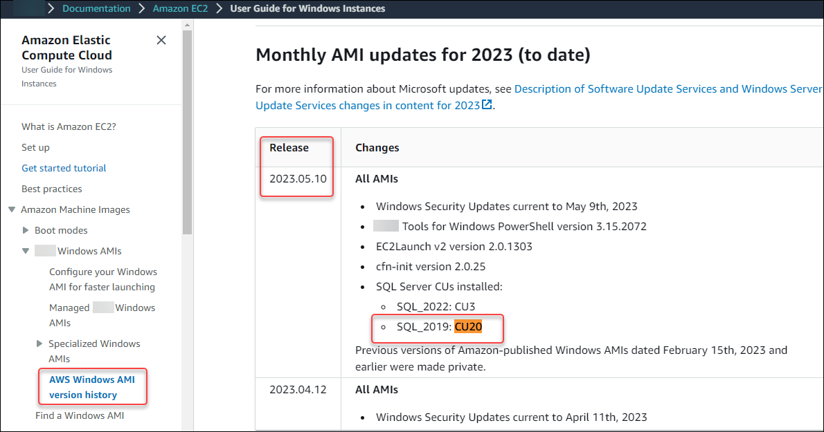Hasil riwayat versi AMI untuk SQL Server 2019 CU2 0.