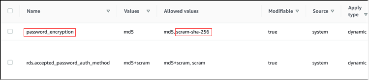 Berikutnya, konsol RDS akan menunjukkan nilai default parameter password_encryption untuk RDS for PostgreSQL.