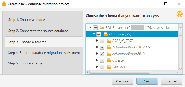Pilih beberapa skema database di wizard proyek baru.