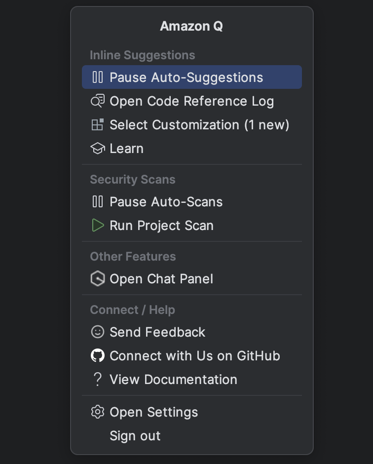 Bilah tugas Amazon Q di a JetBrains IDE.