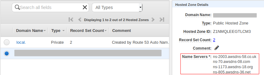 Bagian Detail Zona yang Di-hosting di konsol Route 53 yang menampilkan nilai server nama.
