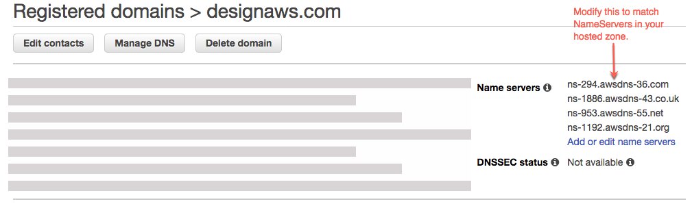 Bagian Domain terdaftar di konsol Route 53 yang menampilkan nilai server nama.