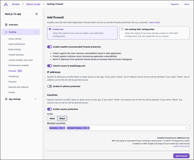 Konsol Amplify Tambahkan firewall dengan semua pengaturan firewall diaktifkan.