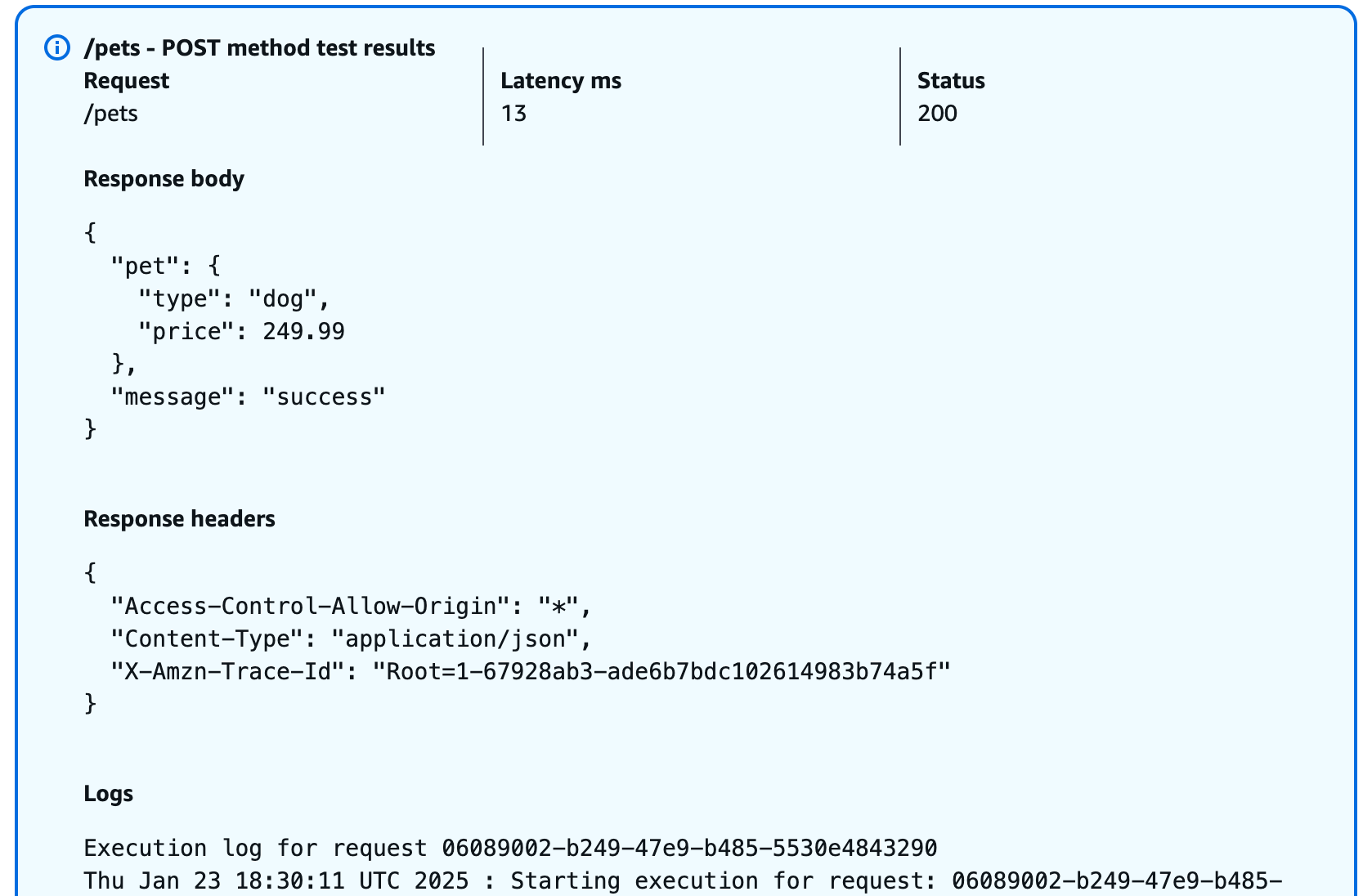 Hasil pengujian metode POST di konsol API Gateway.