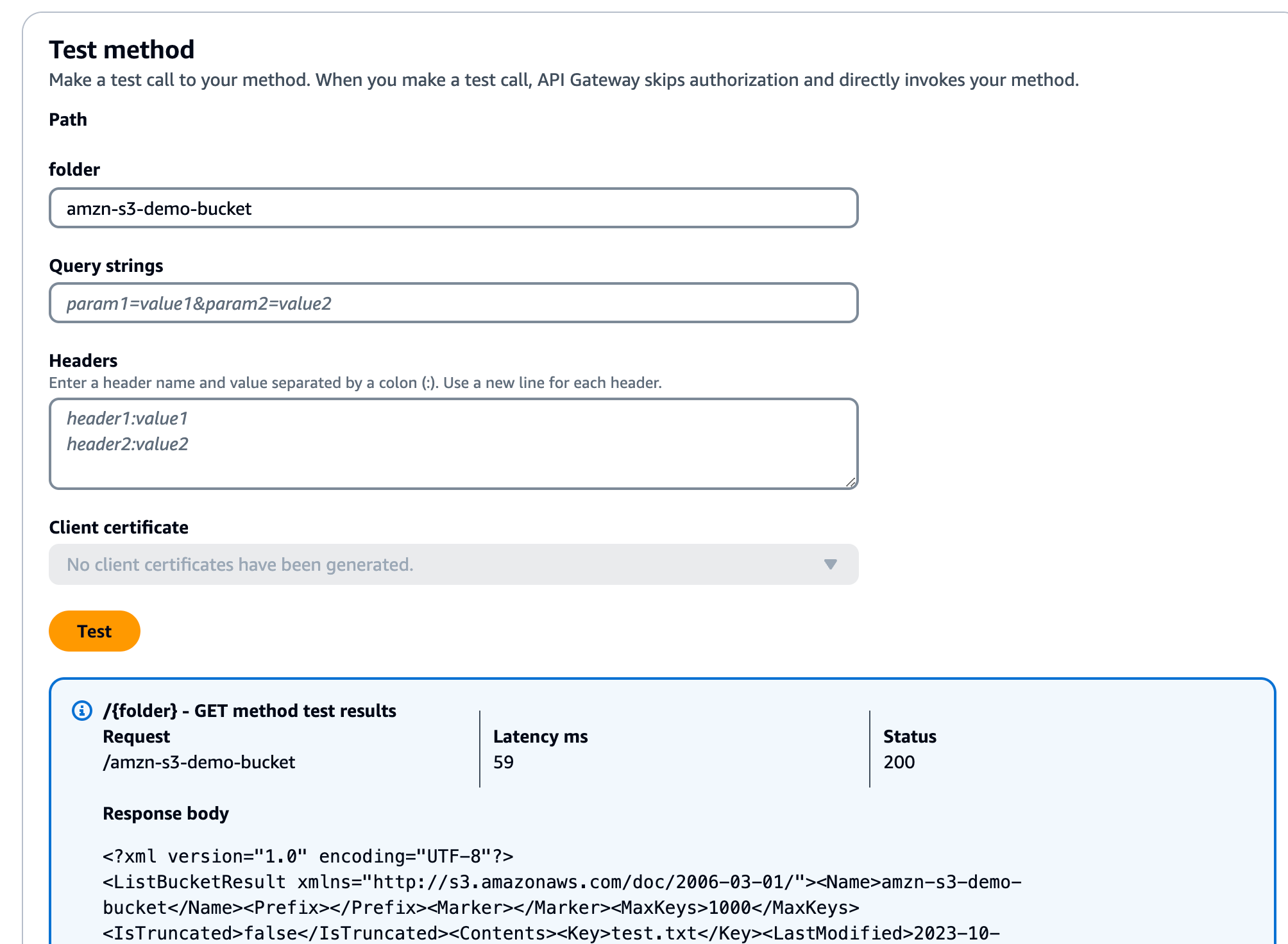 Uji metode GET untuk membuat bucket Amazon S3.