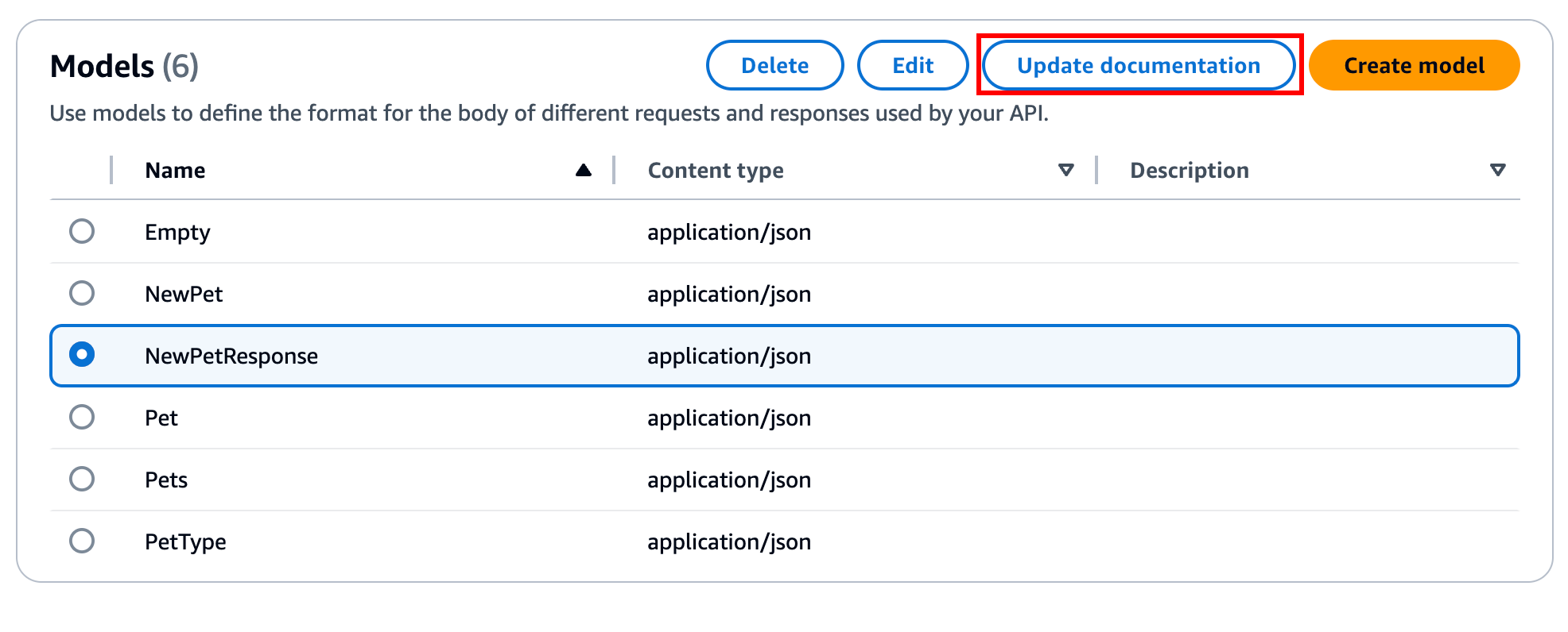 Edit dokumentasi untuk entitas model di konsol API Gateway