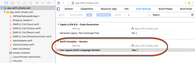 Setel properti Legacy Swift Language Version ke Ya.