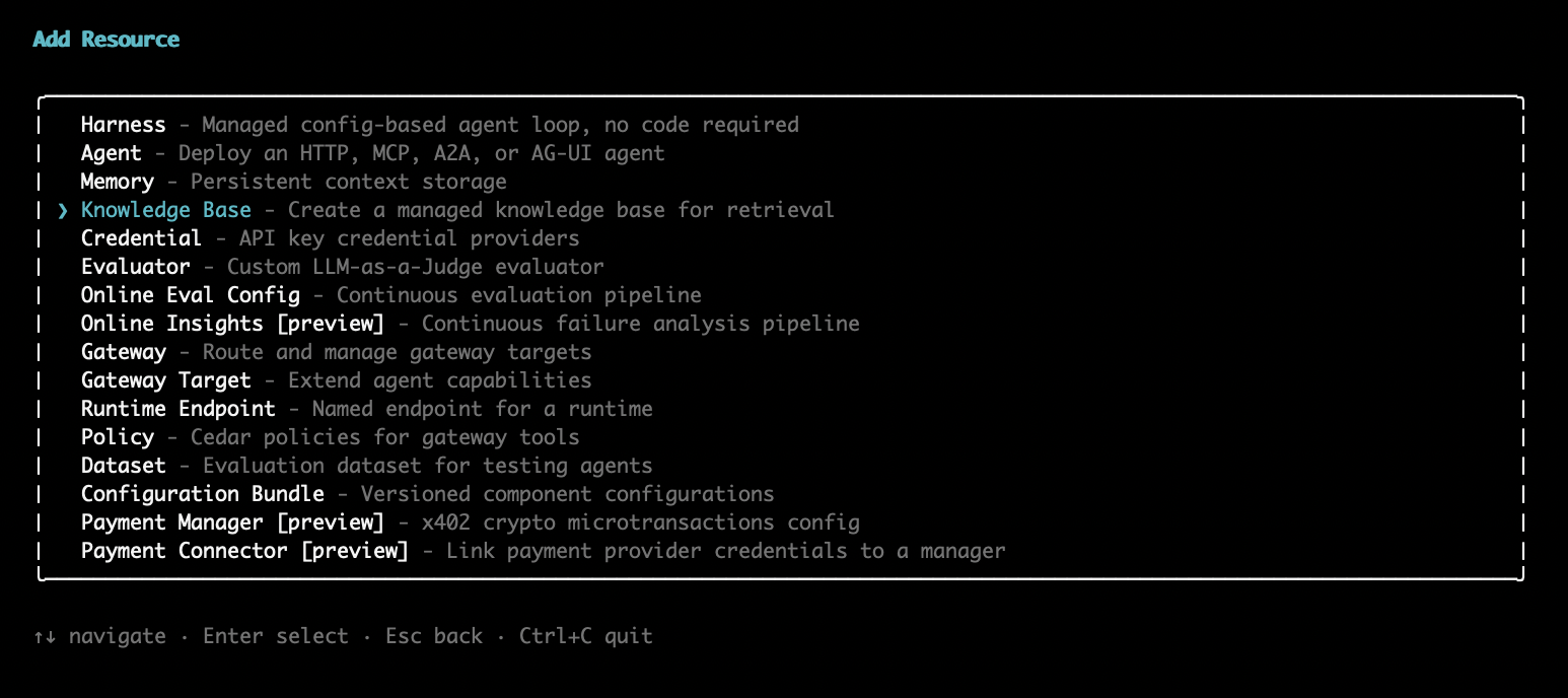 Tambahkan menu Target Gateway dengan Pangkalan Pengetahuan Amazon Bedrock yang disorot di terminal interaktif.