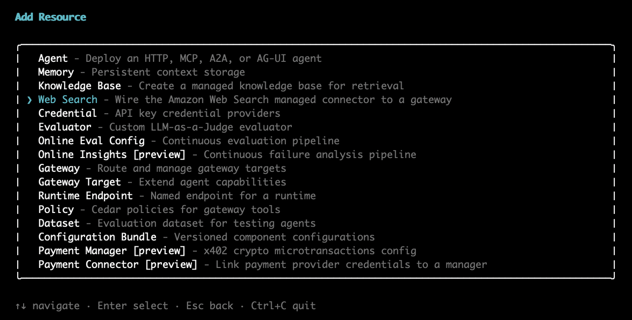 Tambahkan menu Target Gateway dengan Amazon Web Search disorot di terminal interaktif.