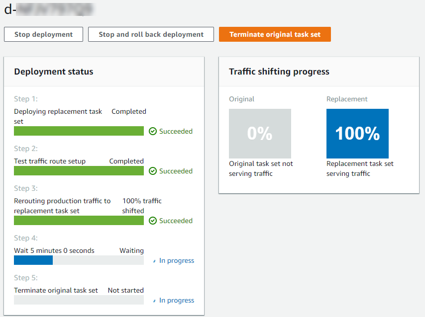 Bagian status penerapan CodeDeploy konsol.