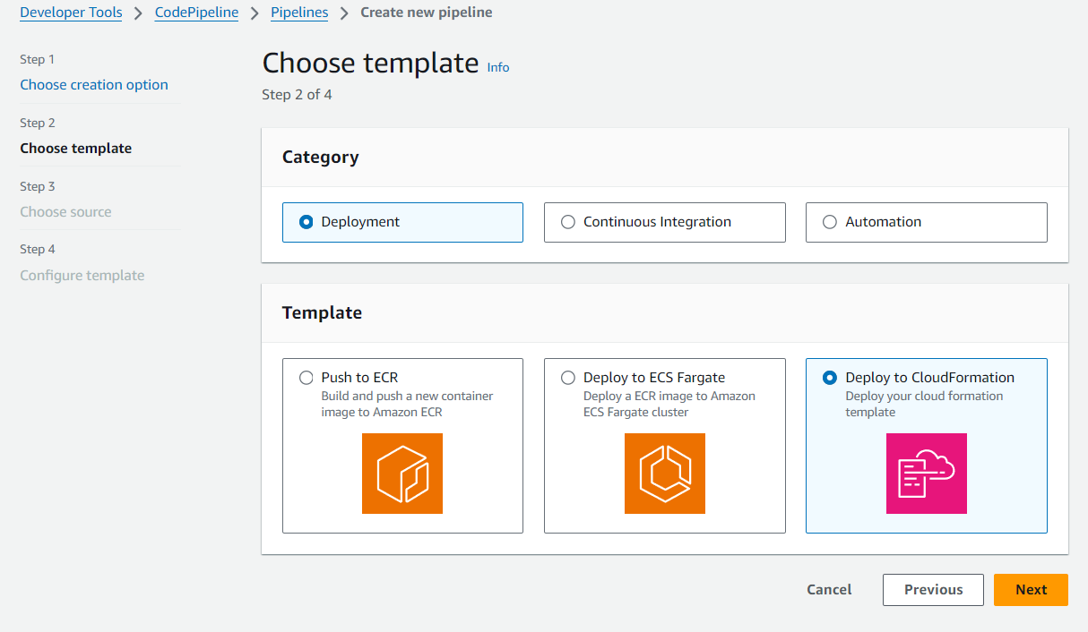 Gambar yang menunjukkan opsi pilih template dengan CloudFormation penerapan selecrtedi wizard