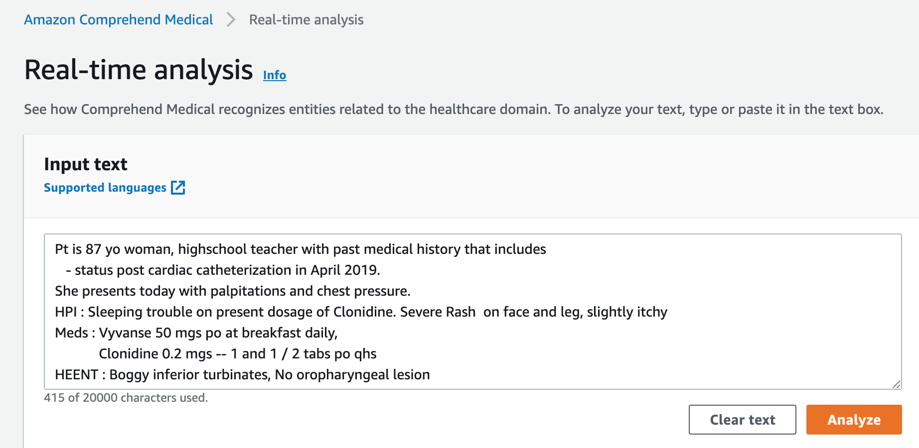 Teks input Comprehend Medical.