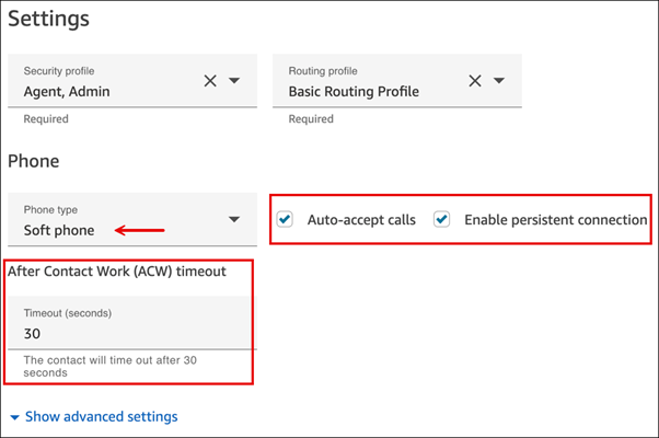 Auto-accept call, After Contact Work timeout, dan Aktifkan pengaturan koneksi persisten.