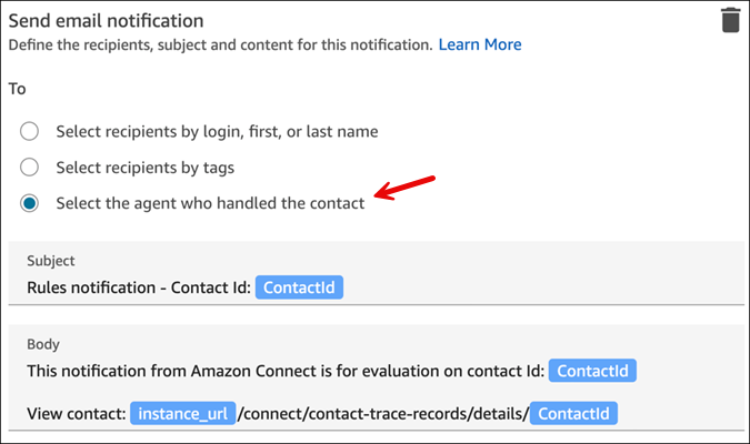 Bagian Kirim pemberitahuan email, Pilih agen yang menangani kontak opsi.