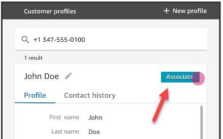 Tab Profil pelanggan di ruang kerja agen, tombol Associate.