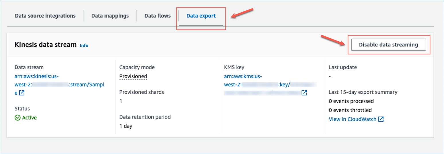 Ekspor data real-time menonaktifkan aliran data Kinesis.