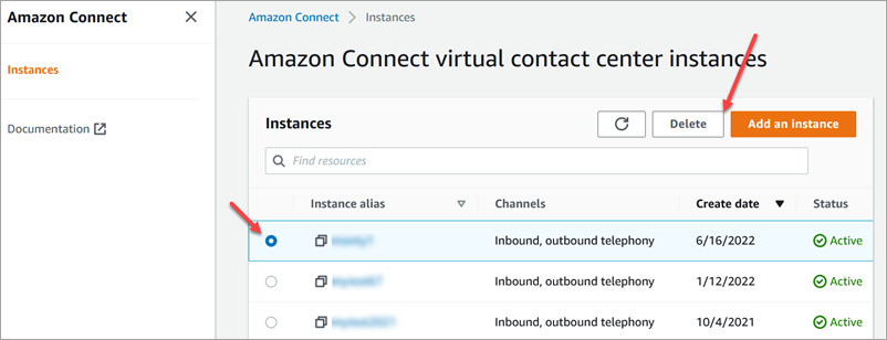 Halaman instans pusat kontak virtual Amazon Connect, tombol hapus.