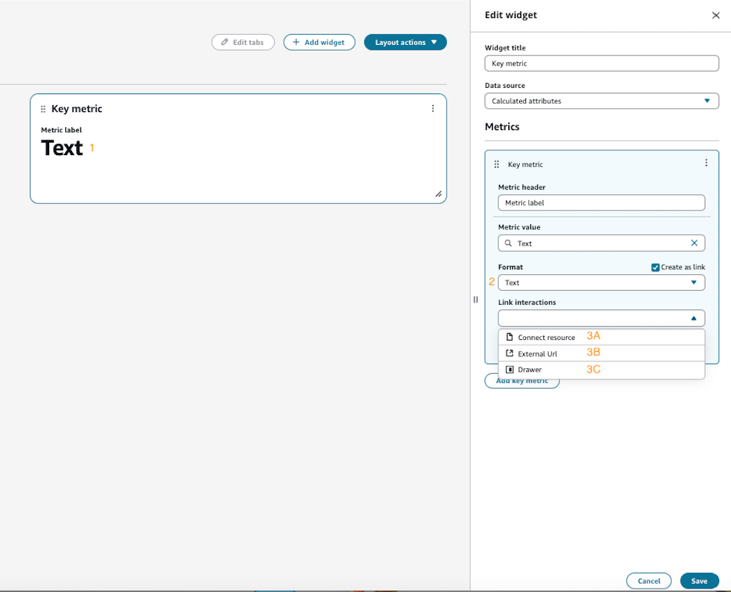 Contoh pengeditan widget metrik kunci khusus.