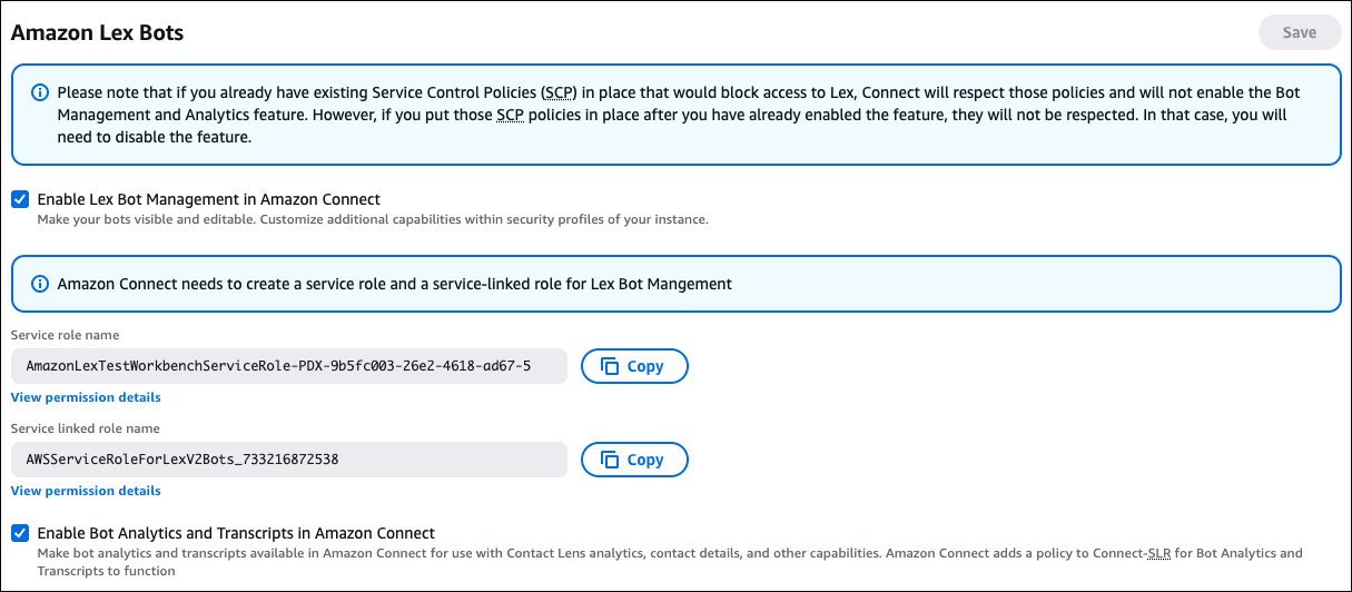 Halaman bot Amazon Lex, opsi untuk mengaktifkan manajemen bot Lex dan analitik Amazon Connect.