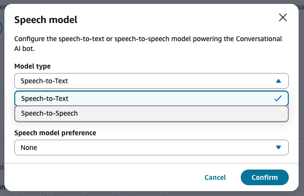 Jenis model dropdown menampilkan opsi Speech-to-Speech
