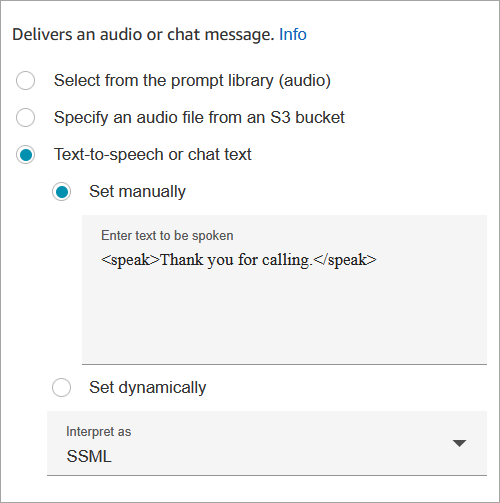 Pesan yang diformat dengan SSML di dalam kotak. text-to-speech