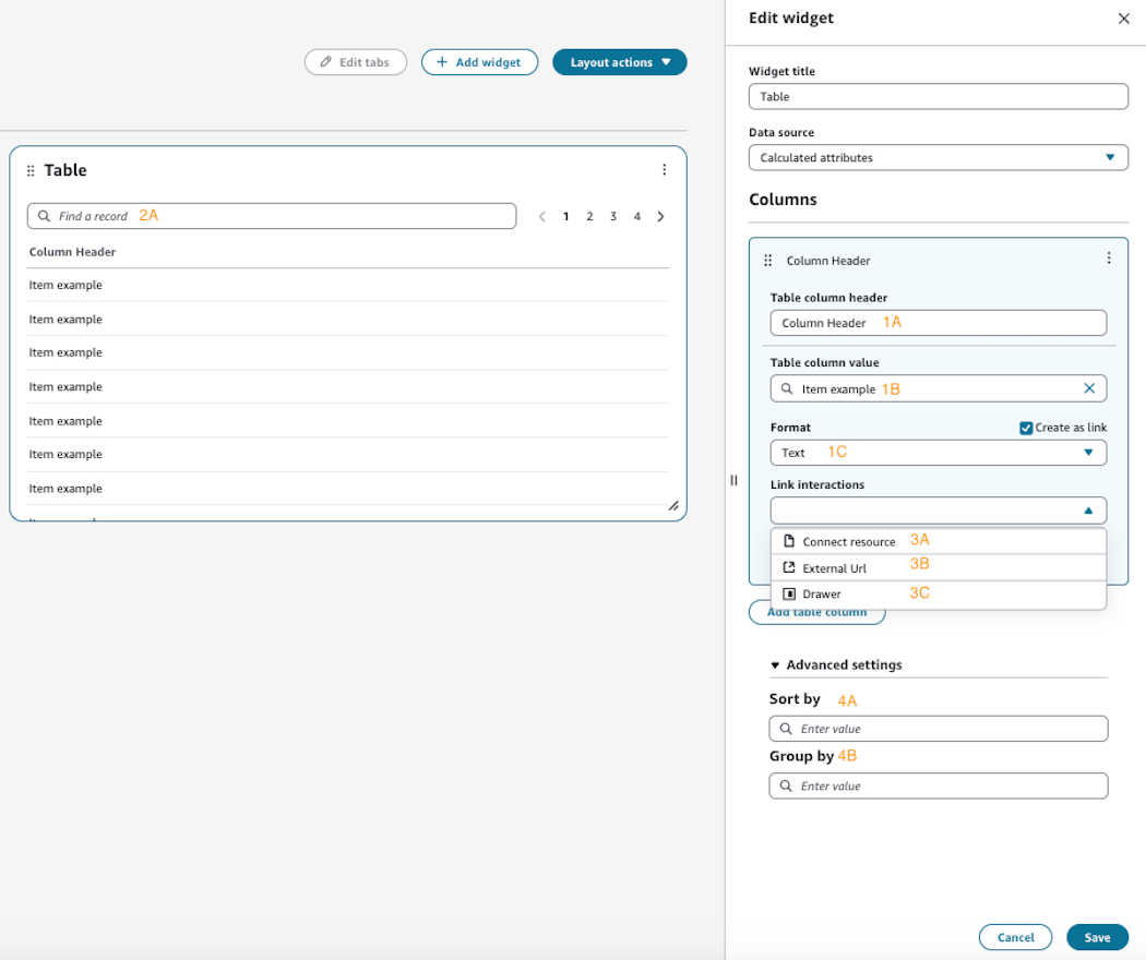 Contoh pengeditan widget tabel kustom.