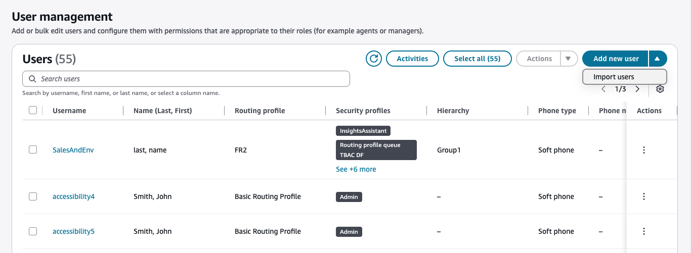 Dropdown Tambahkan pengguna baru yang menampilkan opsi Impor pengguna.