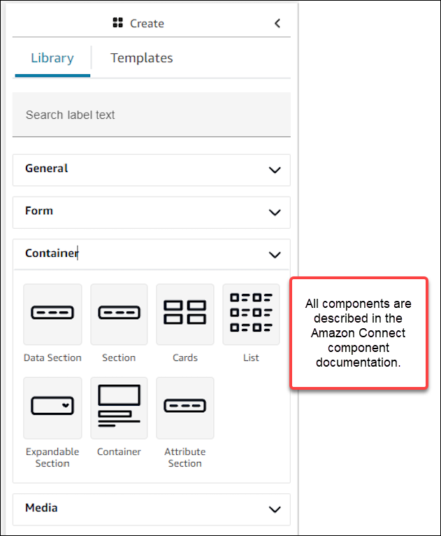 Panel Create builder tanpa kode, tab Library, komponen UI.