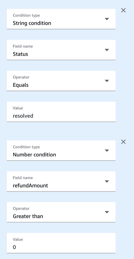 Bidang Kasus blok Tunggu cabang diperbarui sepenuhnya dikonfigurasi dengan status pemeriksaan kondisi gabungan Dan sama dengan terselesaikan dan refund_amount lebih besar dari 0.