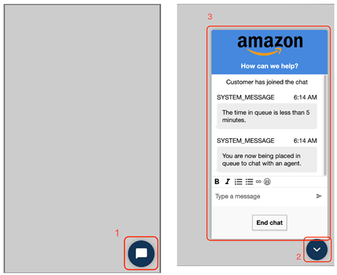 Side-by-side gambar widget obrolan untuk membuka dan menutup jendela obrolan.