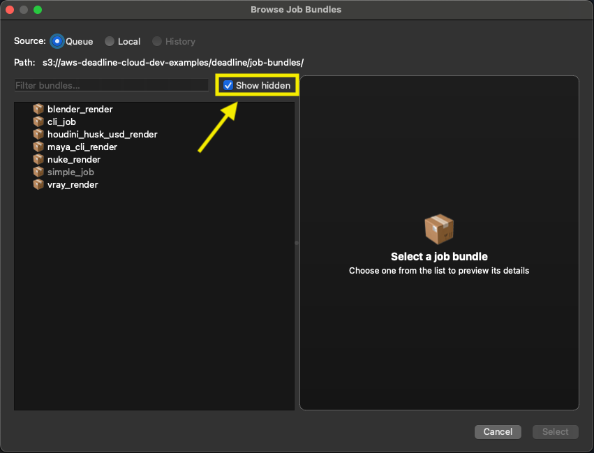 Browser bundel pekerjaan dengan kotak centang Tampilkan tersembunyi dipilih, menampilkan bundel tersembunyi dalam daftar.