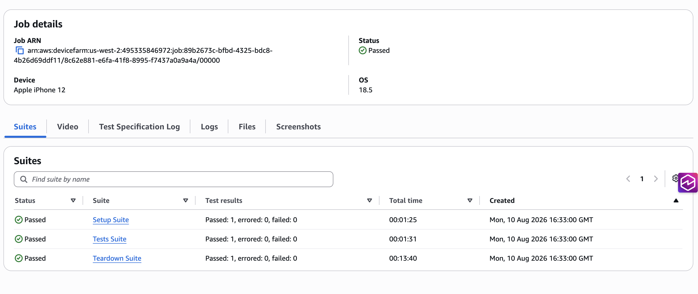 Hasil pekerjaan untuk pekerjaan UI XCTest yang diselesaikan tanpa wawasan pengujian diaktifkan, menampilkan tab standar dan tidak ada tab Laporan pengujian.