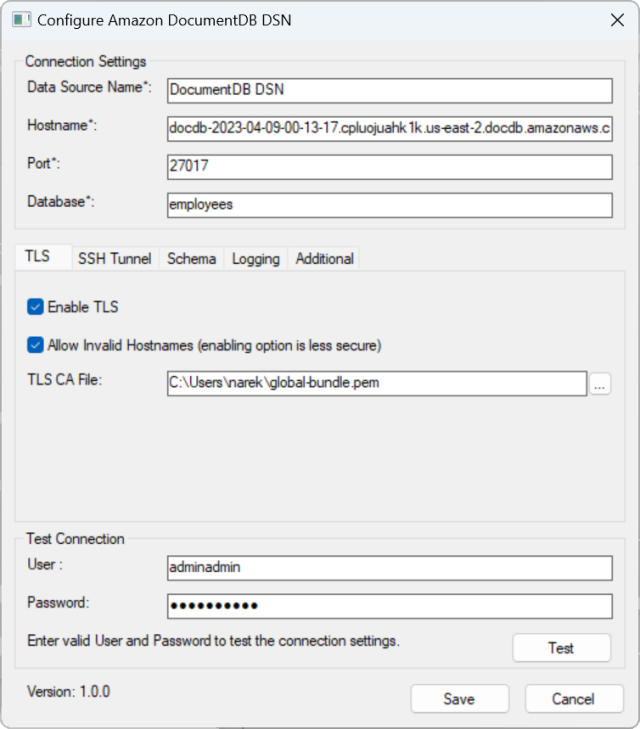 Konfigurasikan antarmuka DSN Amazon DocumentDB dengan bidang Pengaturan Koneksi, TLS, dan Koneksi Uji. Tombol Simpan ada di bagian bawah.