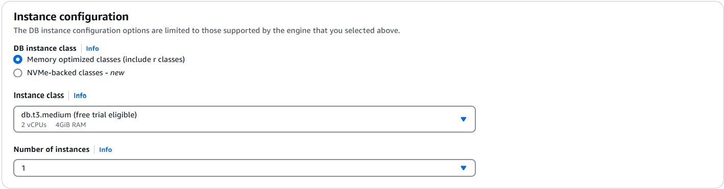 Formulir konfigurasi untuk instance database dengan bidang untuk kelas instans DB, kelas instance yang didukung, dan jumlah instance.