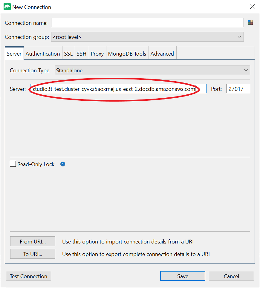 Server tab di antarmuka Koneksi Baru dengan bidang input Server disorot.